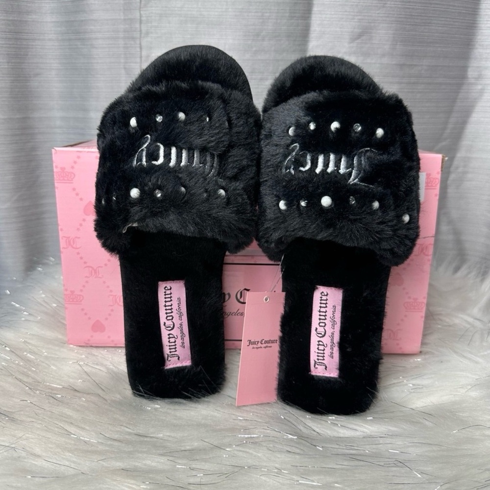 JUICY COUTURE black rhinestone pearl slippers - Picture 1 of 6